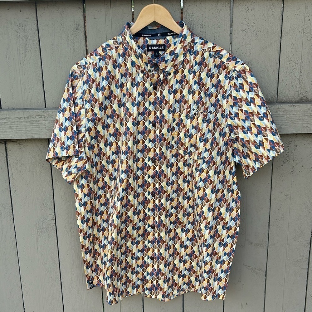 Rank 45 Men's Abstract Geo Print Short Sleeve Button Down Western Shirt Rodeo L